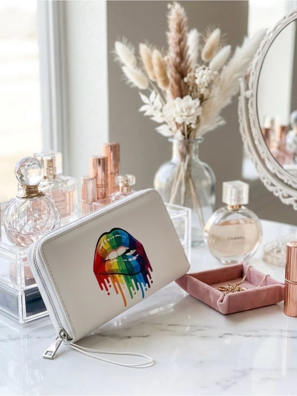 White Rainbow Lip Print Zip Wallet 👄
